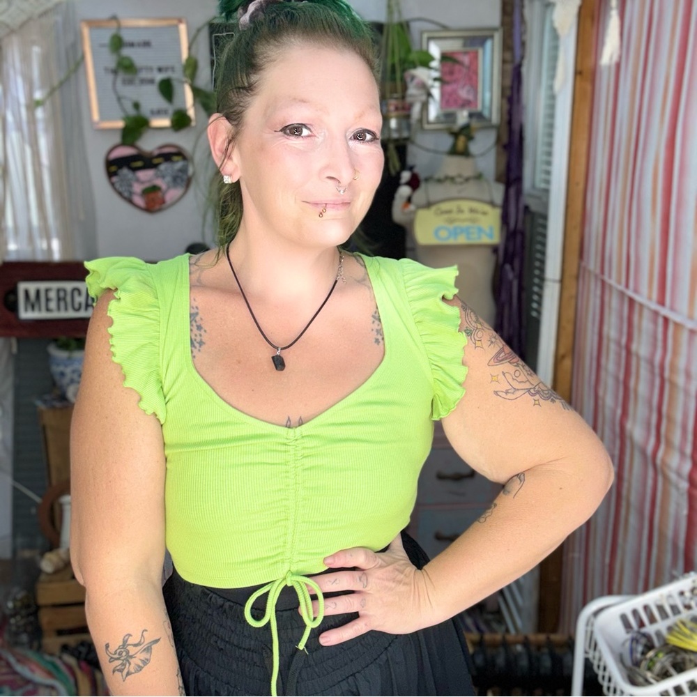 Zara Lime Green Ruffled Cropped Cinch Top Size Small